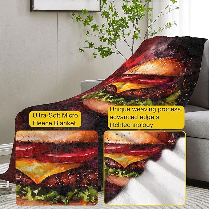 Juicy Cheeseburger Flannel Blanket, Hamburger Gifts, Food-Themed Blanket for Women, Soft Lightweight Throw Blankets for Bed Home Travel Decor 60" x 80"