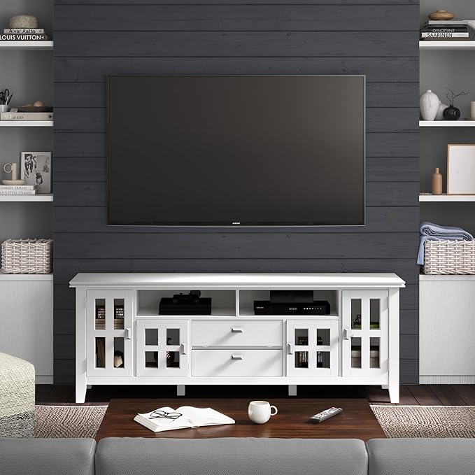 SIMPLIHOME Artisan SOLID WOOD 72 Inch Wide Contemporary TV Media Stand in White for TVs up to 80 Inches, For the Living Room and Entertainment Center