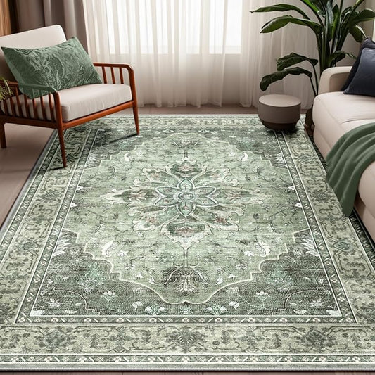 Area Rugs 5'x8' Washable Non-Slip, Floral Vintage Distress Print Pattern Medallion Carpet for Living Room Bedroom Dining Room, Dark Green Gray