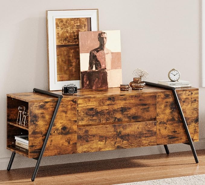 GarveeHome 55" Modern TV Stand with 2 Drawers, Adjustable Shelves, U-Shaped Metal Legs, Farmhouse Entertainment Center, Wooden TV Console for Living Room, Bedroom, Amber Oak