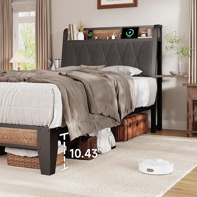 Twin Size Bed Frame with Side Storage Shelf, Ergonomic Upholstered Headboard with Charging Station, Twin Platform Bed Frame, Metal Slats Support, No Box Spring Needed, Easy Assembly, Black