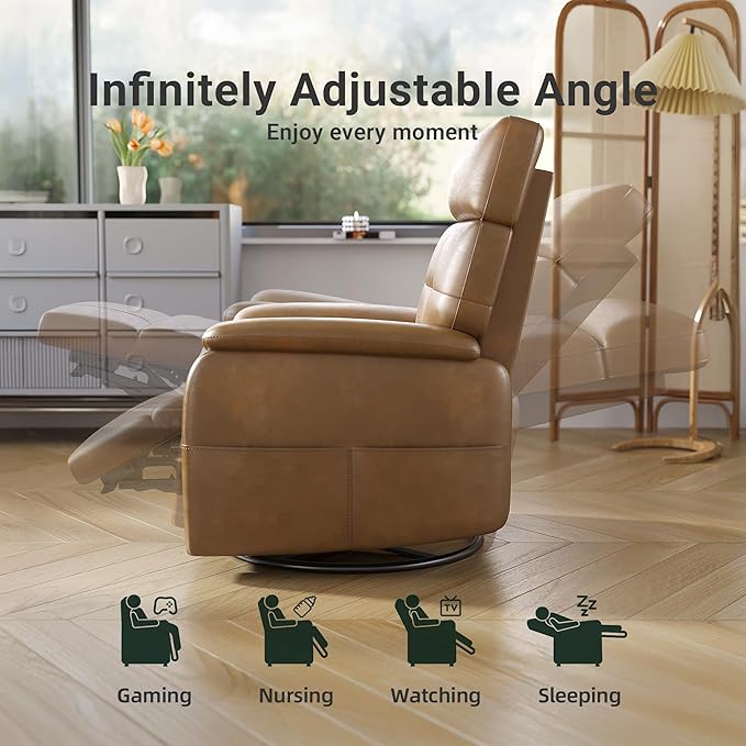 Claiks Power Swivel Rocker Recliner Chair, Oversized Recliner Chairs for Adults, PU Leather Overstuffed Reclining Chair with USB and Type-C Ports for Living Room, Brown