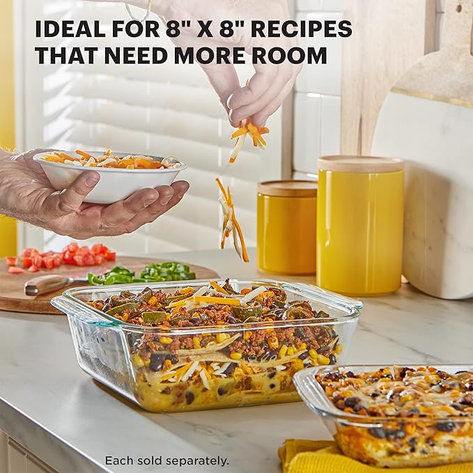Pyrex Deep Glass Baking Dish with Plastic Lid, Deep Casserole Dish, Glass Food Container, Oven, Freezer and Microwave Safe, Clear Container, 8x8