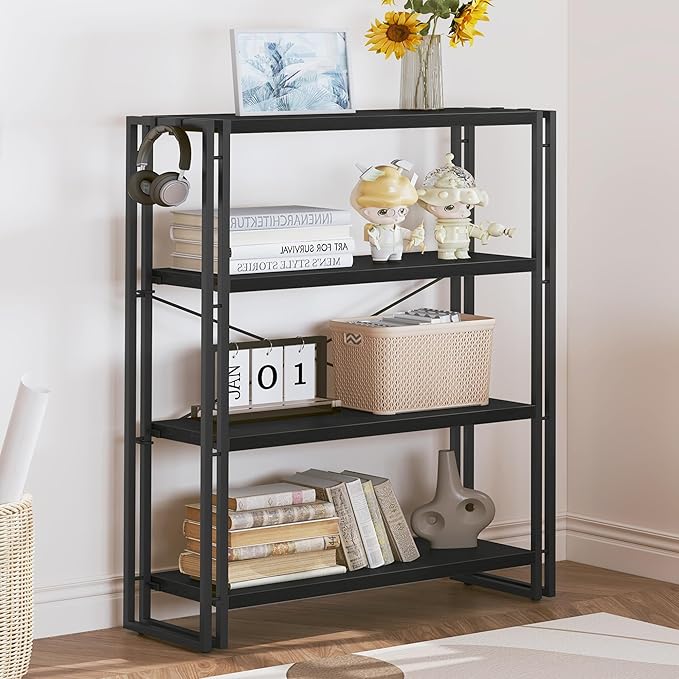 HCHQHS Bookshelf, 4-Tier Industrial Bookcase, Black Open Book Shelf, Freestanding Tall Bookshelves with Metal Frame