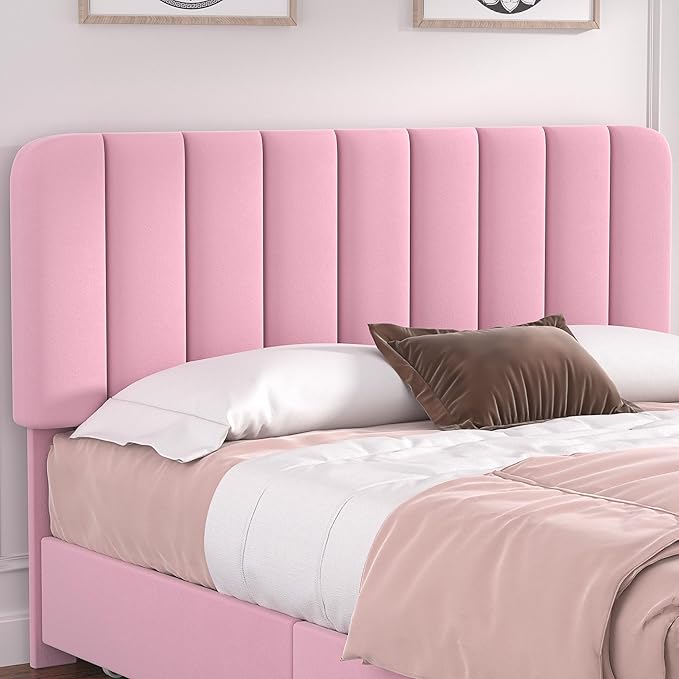 VECELO Full Size Upholstered Bed Frame with 4 Drawers and Headboard, Velvet Platform Storage Bedframe, Wooden Slats Support, No Box Spring Needed,Pink