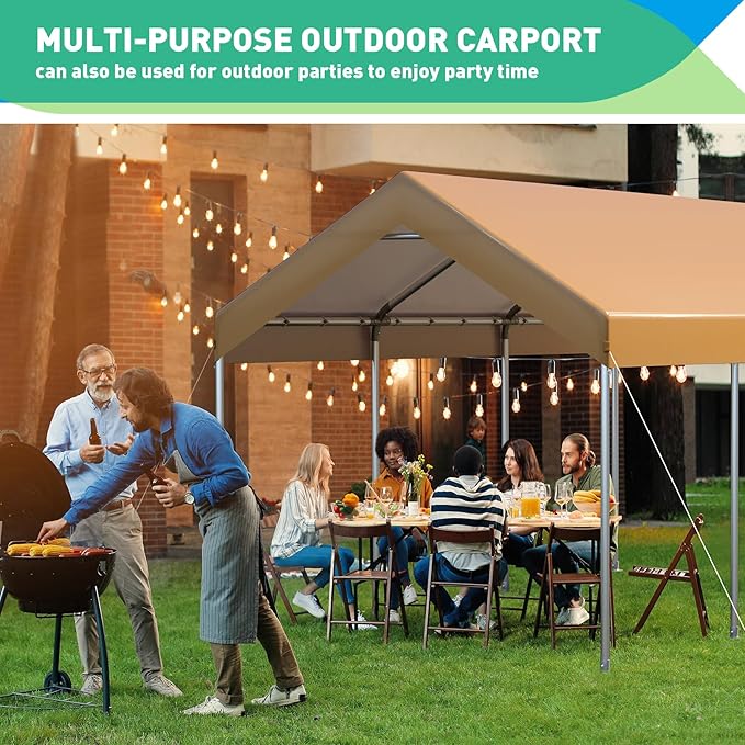 10x20FT Carport, Car Canopy, Portable Garage, Easy to Assemble, Carport Canopy 10x20FT Heavy Duty for Car, Bike, Boat, Party (Khaki)