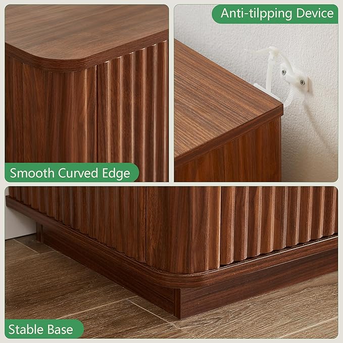 VMU Fluted Dresser with 6 Deep Drawers，55" Modern Wooden Chest of Drawers with Metal Handles, TV Stand with Curved Profile, Closet Clothes Storage Organizer for Bedroom, Living Room, Hallway (Walnut)