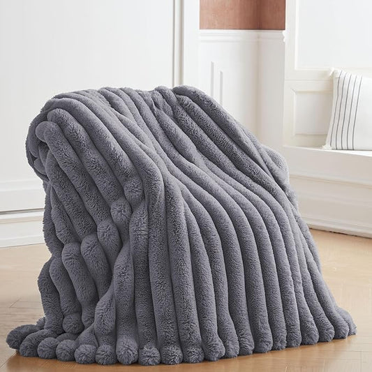 Faux Fur Throw Blanket for Couch, Cozy Warm Plush Striped Blanket for Sofa Bedroom Living Room, 50x60 Inches Grey