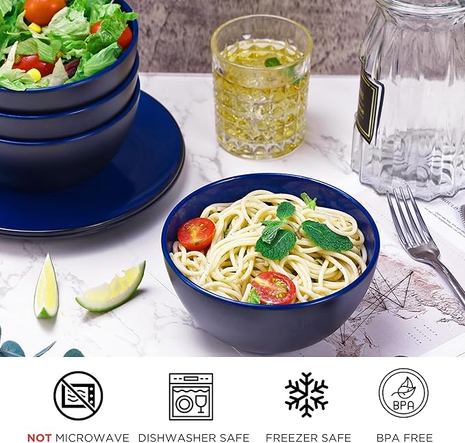 TP 18-Piece Dinnerware Set, Melamine Dishes Set with Bowls and Plates, Service for 6, Non-breakable Lightweight Dining Tableware, Blue and Black