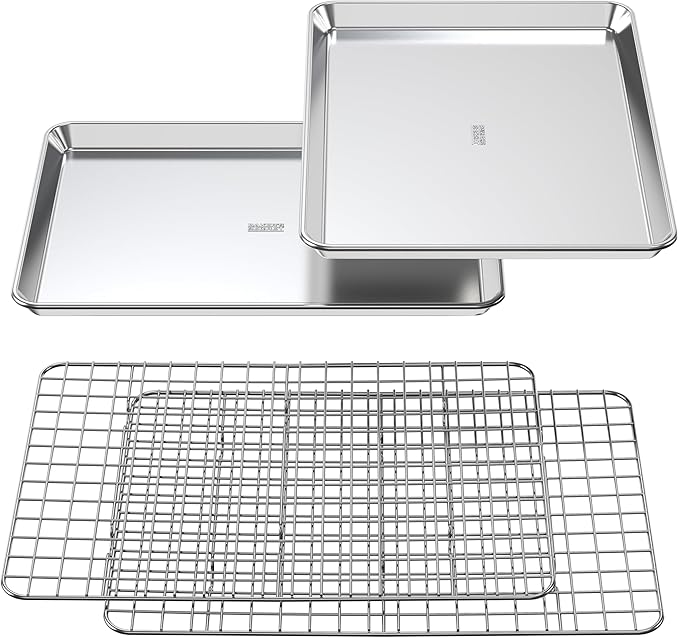 100% Recycled Aluminum by Baker's Secret, Bakeware Set 4pcs, 2x Baking Trays for Oven Cookie Sheet 18" with 2x Stainless Steel Rack, Non Toxic- PTFE,PFAS,PFOA Free - The Natural Aluminum Collection