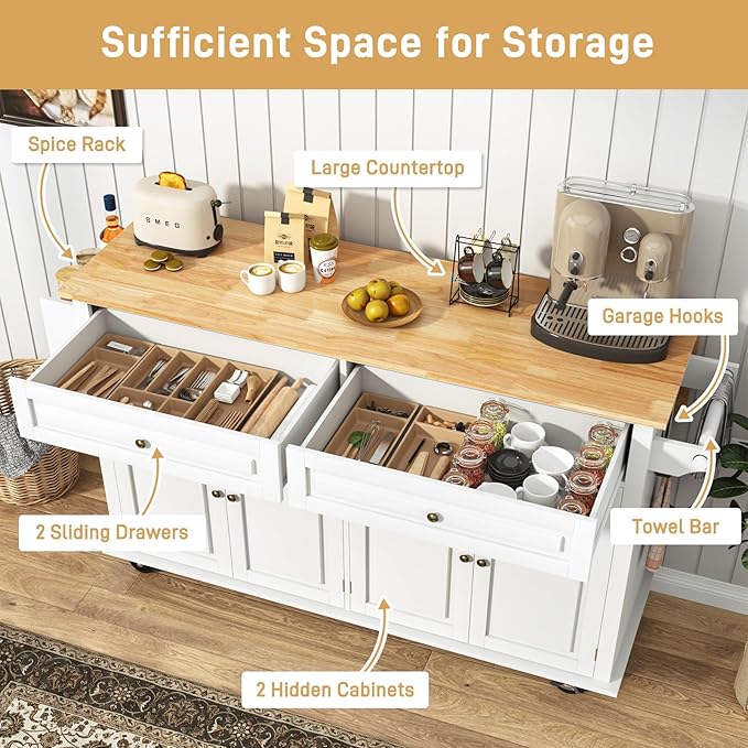63" Movable Kitchen Island with Drop Leaf and Power Outlet, Rolling Island Cart w/Storage Cabinet, Island Table on Wheels for Kitchen w/2 Drawers, Spice Rack, Towel Bar, Garage Hook, White