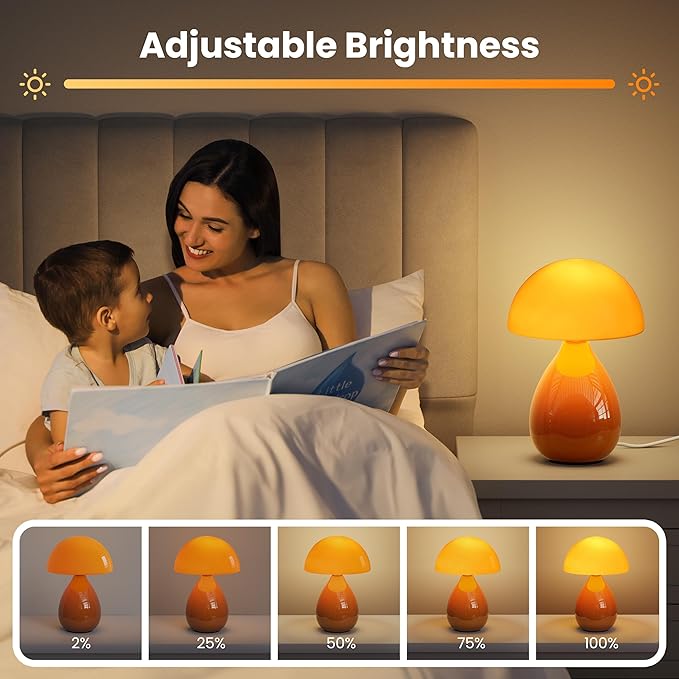 Mushroom Lamp Table Lamp, Mini Modern Lamp Bedside Nightstand Light Desk Cute Small Light Dimmable for Bedroom, Living Room, Ceramic Base Glass Led Home Decor for Woman Children Gifts