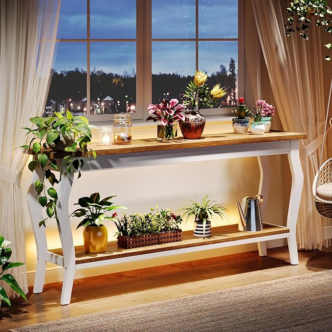 Tribesigns 70.9 Inches Extra Long Sofa Table Behind Couch, Vintage Console Entry Table with 2-Tier Storage for Hallway, Entryway, Living Room, White & Light Oak