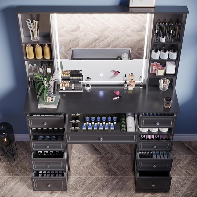 Vanity Desk with Mirror and Lights,47" Vanity Table with 9 Drawers, 10 Open Shelves, Makeup Vanity with HD Lighted Mirror for Bedroom, Brightness Adjustable, Makeup Storage (Black, A Panel)