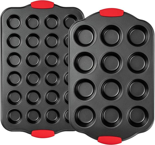 Tiawudi Muffin Pan, Nonstick Cupcake Pan Set, 2 Pack Heavy Duty Muffin Tins for Baking, 12-Cup Regular and 24-Cup Mini Bareware Tray with Silicone Grip Handles