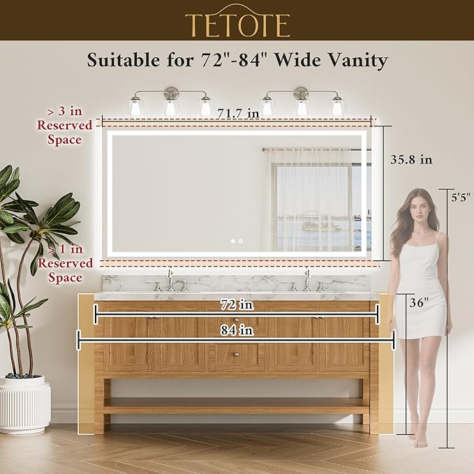 TETOTE 72 x 36 LED Bathroom Mirror with Lights, Brighter Front and Backlit Led Lighted Vanity Mirror Wall Mounted, 3-Color Dimmable Light up Anti Fog Mirror, Waterproof, Shatterproof Tempered Glass