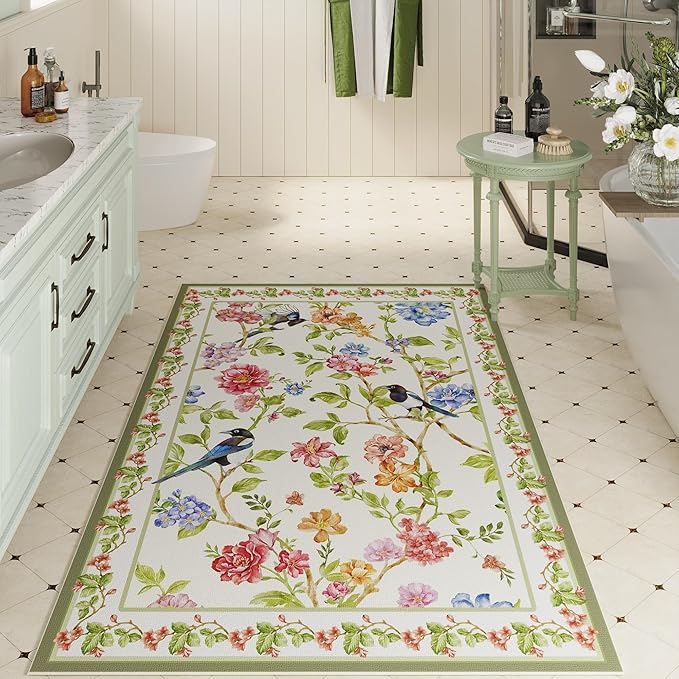 Bedroom Rug 3x5 Rug Washable Area Rug Non Slip Low Pile Floral Bird Magpies Animal Small Carpet for Bedroom, Bedside, Kitchen, Entryway, Kids Room, Office, College Dorm Essentials for Girls