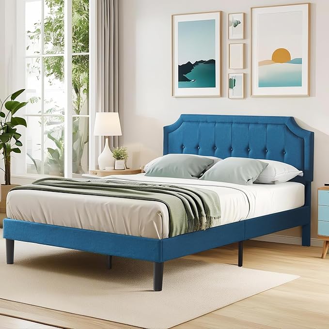 VECELO Queen Size Platform Bed Frame with Fabric Upholstered Headboard and Wooden Slats Support, No Box Spring Needed/Easy Assembly,Blue