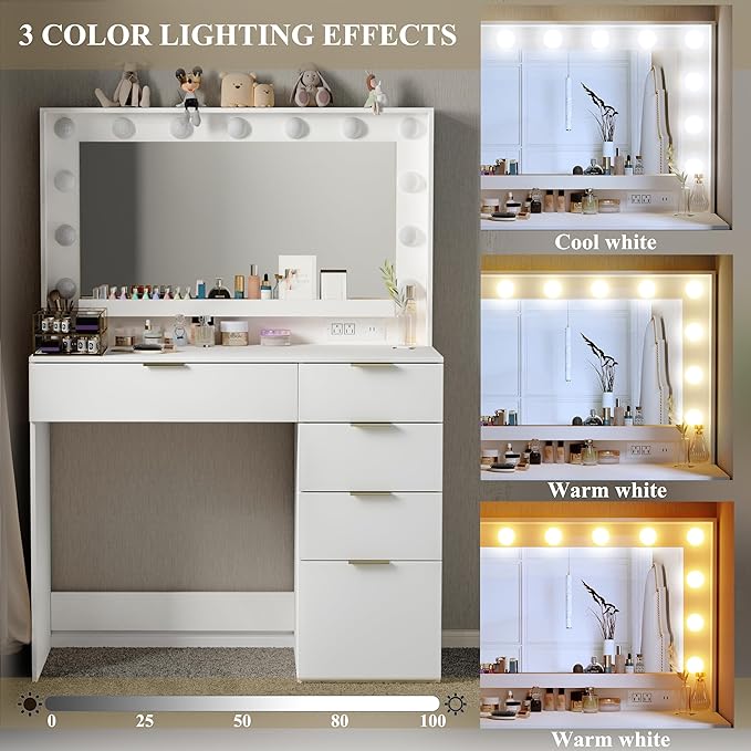 Makeup Vanity Desk with Large Mirror and 13 LED Lights, 39.3in Vanity Table with Power Outlet & 5 Drawers, 3 Lighting Color Adjustable, Vanity Desk for Bedroom and Dressing Room, White