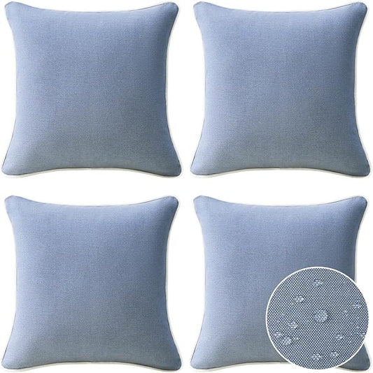 Decorative Outdoor Water Repellent Throw Pillows with Inserts, Set of 4, 18" x18" Pillows for Patio, Backyard, Bed, Couch, and Patio Furniture, Powder Blue