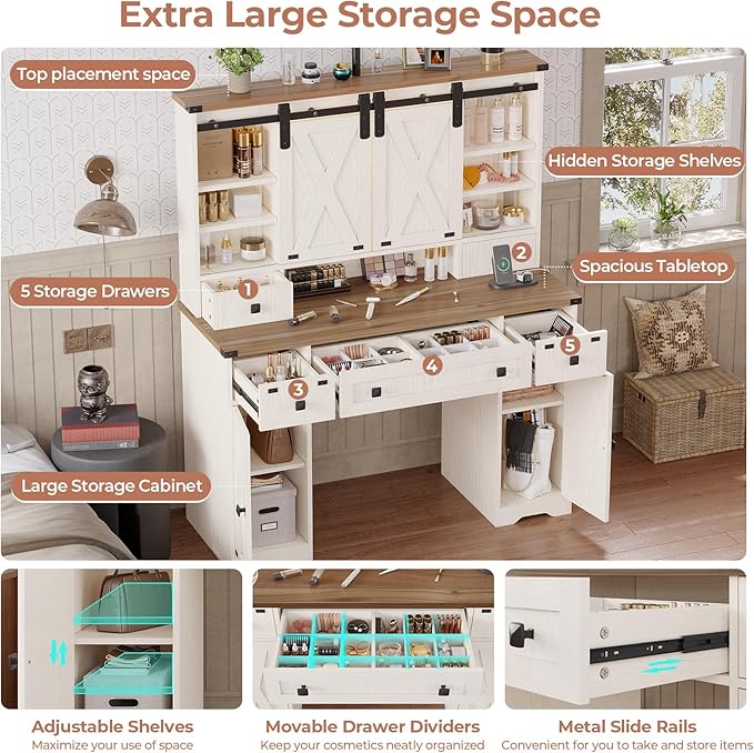 DICTAC Farmhouse Makeup Vanity Desk with Lighted Mirror & Power Strips, Vanity Table with Sliding Barn Door Hidden Shelves & 5 Drawers & 2 Cabinets, White Dressing Table for Bedroom, Lights Adjustable
