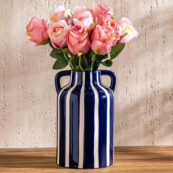 Ceramic Blue and White Checkered Stripes Vase with Handles, Modern Bohemian Floral Navy Blue Vases for Centerpieces, Cottage Core Home Decor, Flower Vases for Bouquet Mantle Bedroom Bookshelf 9.1 in