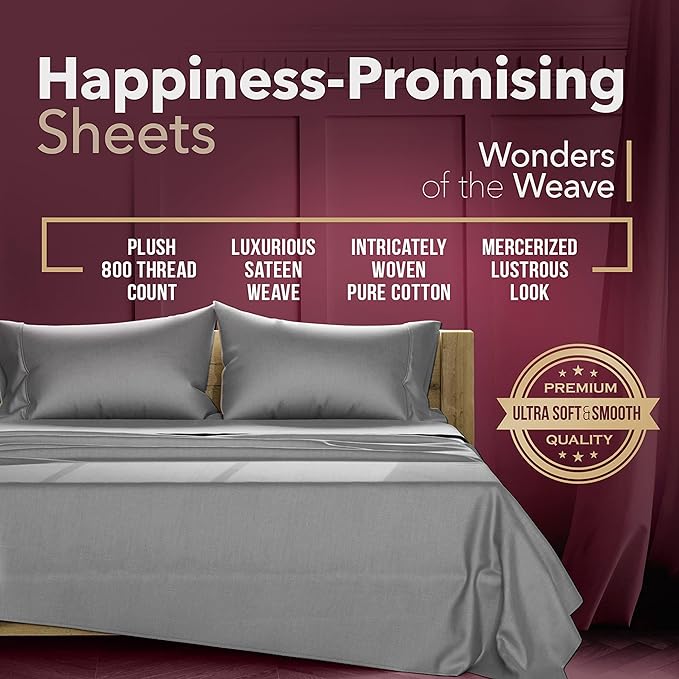 TEXAS LINEN CO. 100% Egyptian Cotton Sheets California King Size - 800 Thread Count 6 PC Luxury Cal King Sheets, 16" Deep Pocket Hotel Sheets, Sateen Weave, Extra Soft Cooling Bed Sheets - Dark Grey