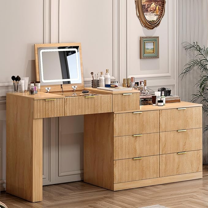 Fluted Vanity Desk with Flip Top Mirror and Lights, Wooden Makeup Vanity Desk with Glass Top & USB Ports, Modern Extendable Dressing Table with 9 Drawers Dresser and Cabinet, Dresser for Bedroom (Oak)
