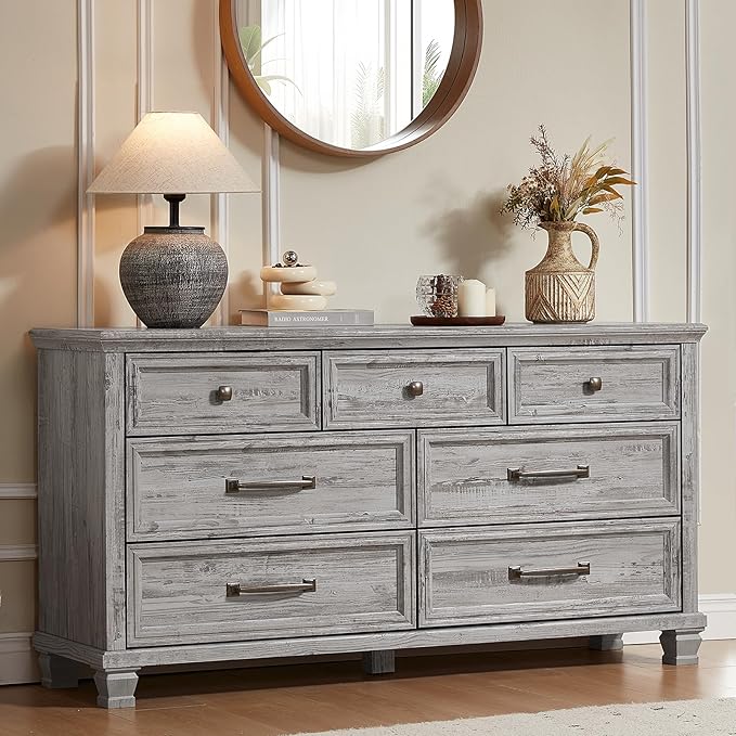 Farmhouse 7 Drawer Dresser for Bedroom, 54” Wide Dresser for Closet, Large Rustic Wooden Dressers, Chest of Drawers for Bedroom, Living Room, Entryway, Grey