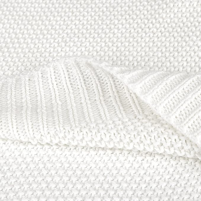 PiccoCasa 100% Cotton Knit Blanket Twin Size,Solid Lightweight Decorative Throws and Blankets,Soft Knitted Throw Blanket for Sofa Couch, White 60" x 78"