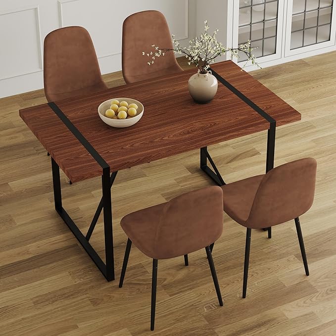Dining Table Chairs Set for 4, Modern Rectangular Dining Room Table Set PU Leather Upholstered Dining Chairs 55" Dinner Table Set for Kitchen, Dining Room (55 inch Table + 4 Brown Chairs)