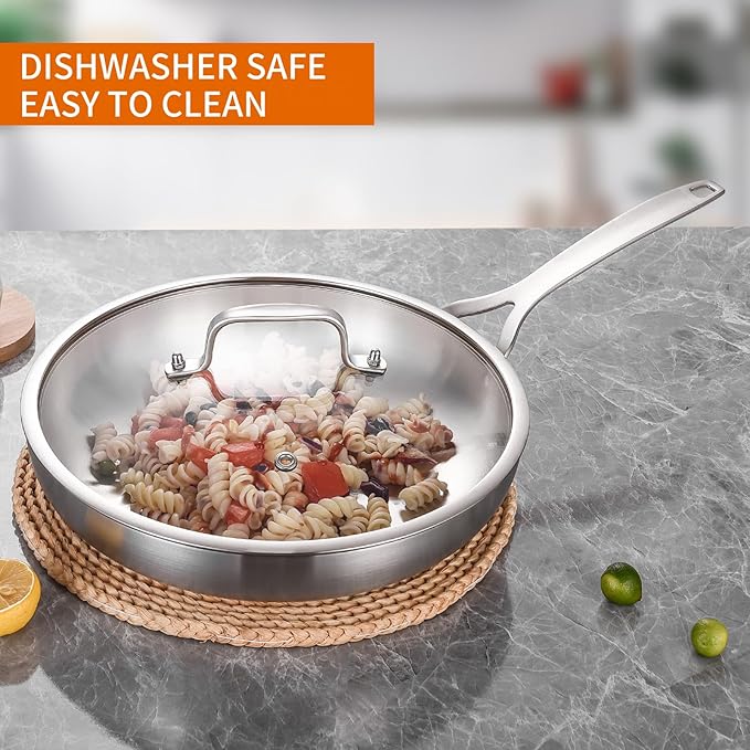 DELARLO Tri-ply Stainless Steel Frying Pan Set with Lid 10"12" large Skillets Induction Chef's Pan,Pots and Pans Set Kitchen Cookware Set Dishwasher and Oven Safe