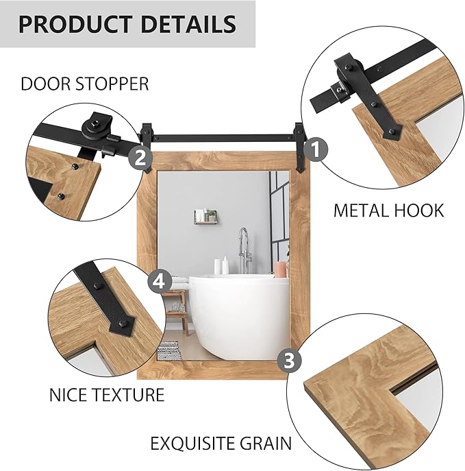 Farmhouse Bathroom Mirror 26”x40” Rustic Wood Framed Wall Mirror Barn Door Mirror for Wall (Brown)