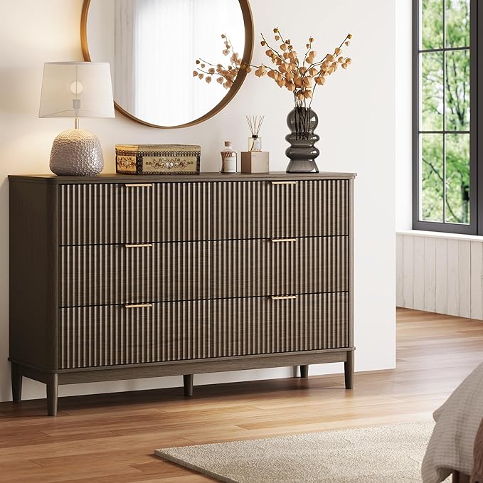 LINSY HOME Fluted Dresser for Bedroom with 6 Drawers, 54" Wide Chest of Drawers, Mid Century Modern Dresser TV Stand with Metal Handle, Wood Closet Storage Cabinet for Living Room, Hallway, Walnut