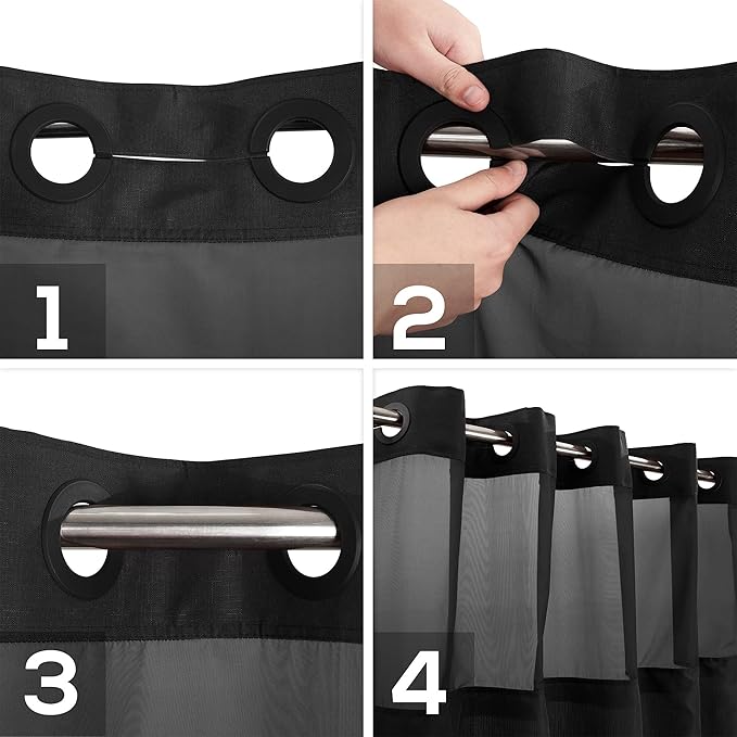 No Hook Slub Textured Shower Curtain with Snap-in PEVA Liner Set - 71" x 74"(72"), Hotel Style with See Through Top Window, Machine Washable & Water Repellent Fabric, Black, 71x74