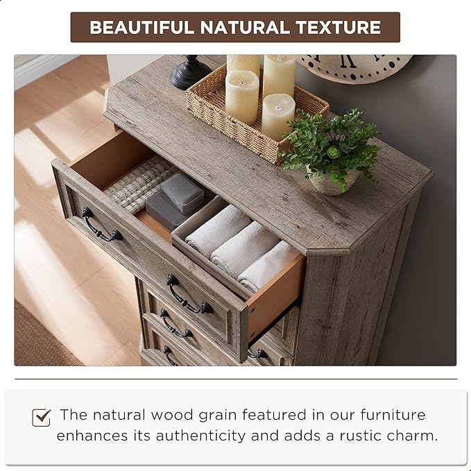 T4TREAM Farmhouse 5 Drawers Dresser for Bedroom, 48" Tall Wood Rustic Chest of Drawers with Natural Texture, Vintage Design, Storage Dressers Organizer for Bedroom, Living Room Light Rustic Oak