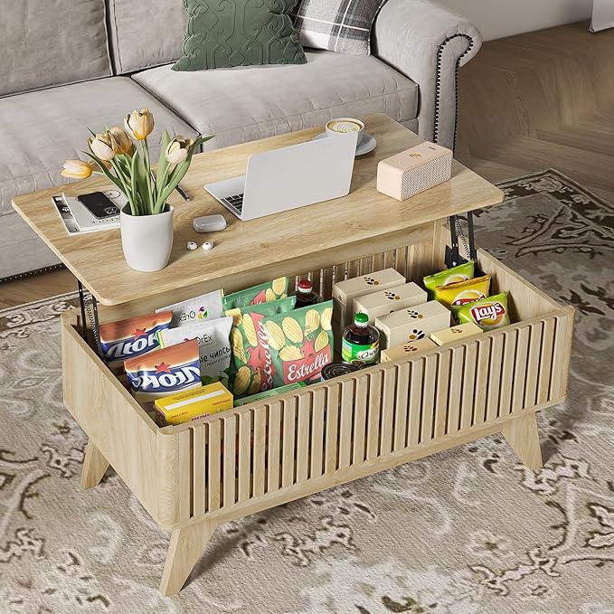Lift Top Coffee Table with Hidden Compartment, Mid Century Modern Coffee Table for Living Room, Fluted Design Farmhouse Center Table with Storage (Wood, 35.4" W)