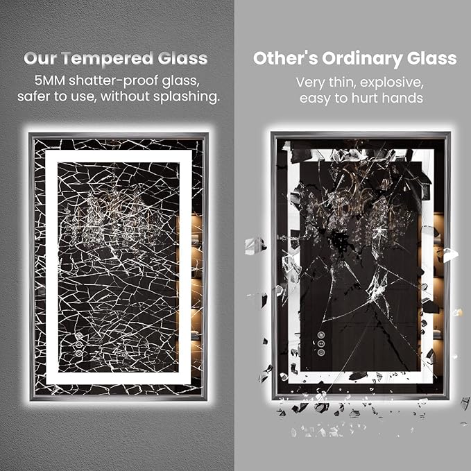 Amorho 44" X36" LED Bathroom Mirror, Brushed Nickel Framed Mirror with Front Light and Backlit, Stepless Dimmable, Anti-Fog, Shatter-Proof, Memory, 3 Colors