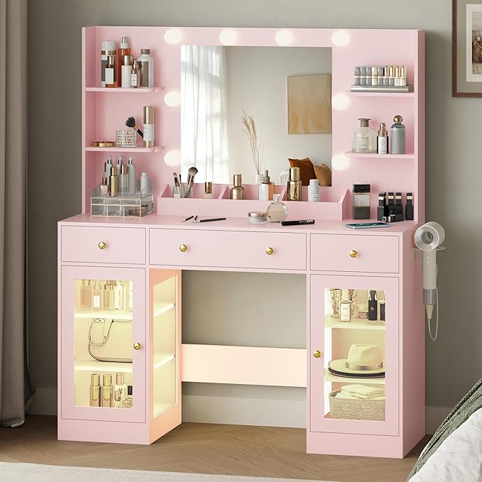 Large Vanity Desk with Mirror and Lights, Makeup Vanity with Mirror and LED Lights, RGB Cabinet & 3 Drawers, Makeup Desk with Storage Shelves, 3 Color Modes Dressing Table for Girls Bedroom, Pink