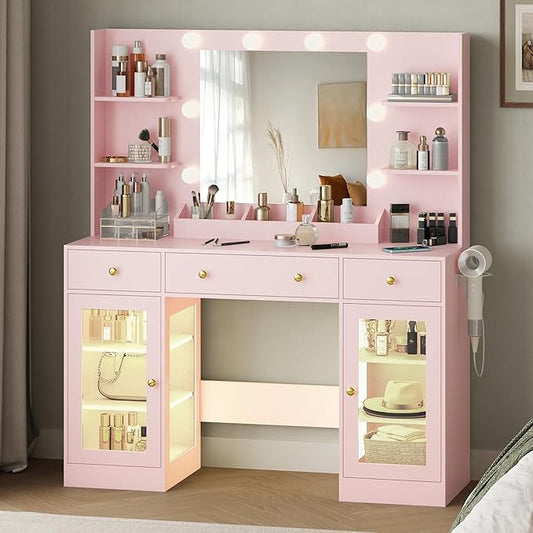 Large Vanity Desk with Mirror and Lights, Makeup Vanity with Mirror and LED Lights, RGB Cabinet & 3 Drawers, Makeup Desk with Storage Shelves, 3 Color Modes Dressing Table for Girls Bedroom, Pink