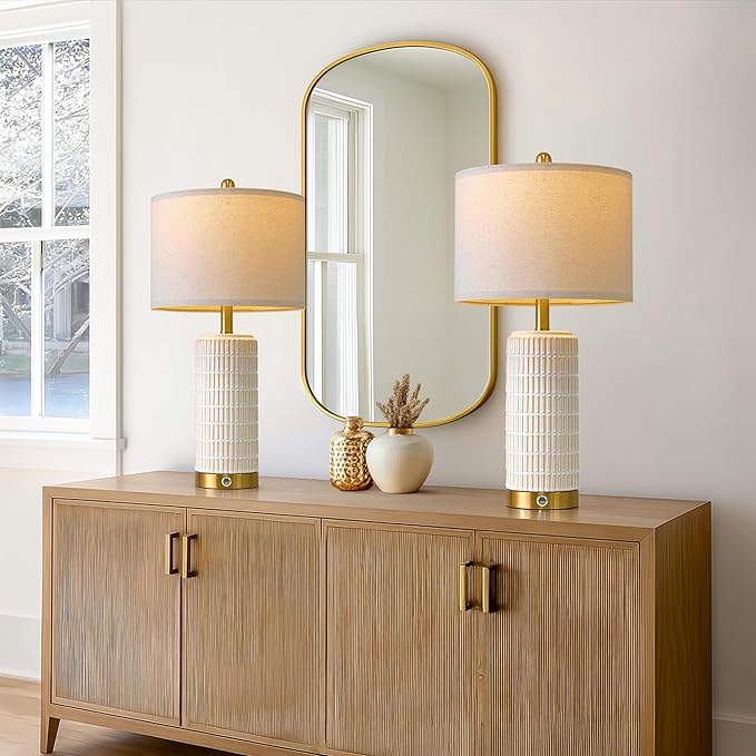 PoKat Touch Bedside Table Lamps with USB Ports for Bedroom, 25'' Dimmable Nightstand Touch Lamps for Living Room, Modern Ceramic Lamps for Night Stands Bedroom, Office, Nursery, White and Beige