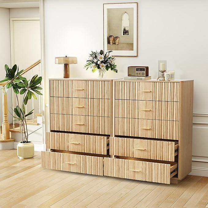 Fluted 5 Drawers Dresser for Bedroom, Wooden Tall Storage Dresser TV Stand, Curved Profile Modern Chest of Drawers, Wood Closet Clothes Storage Organizer for Living Room, Hallway, Natural 2 Sets