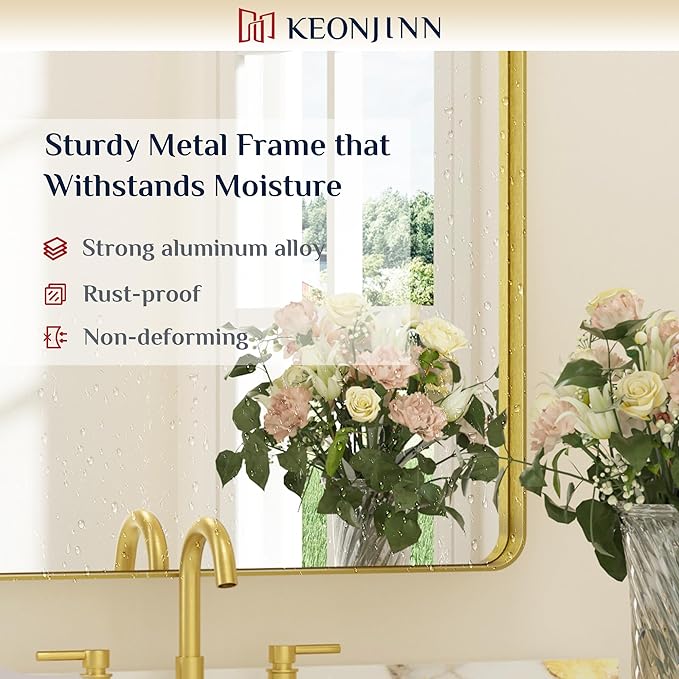 Keonjinn Brushed Gold Bathroom Mirror 72” x 36” Large Gold Bathroom Vanity Mirrors, Oversized Rounded Rectangle Mirror with Shatterproof HD Tempered Glass, Aluminum Alloy Frame(Horizontal/Vertical)