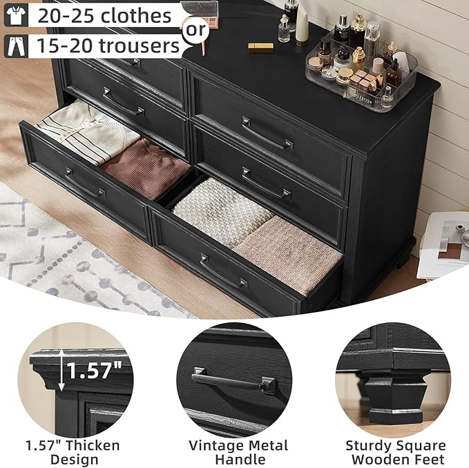 Farmhouse 6 Drawer Dresser for Bedroom, 54 inch Wide Rustic Vintage Chest of Drawers with Square Solid Wood Legs, Large TV Stand for Living Room, Wooden Storage Dressers for Hallway, Black