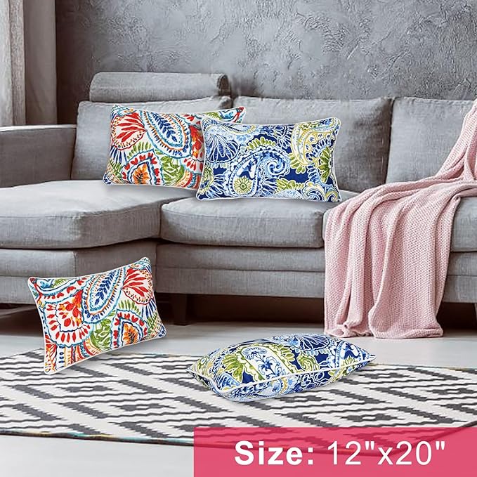 JMGBird 12×20 Inch Outdoor Lumbar Pillows Pack of 2 Colors Waterproof Throw Pillows with Insert Rectangular Decorative Garden Cushion for Home Furniture Patio Coach Sofa