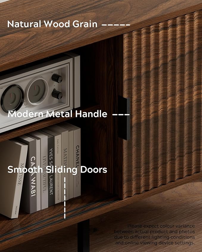 Fluted Tv Stand with Sliding Doors, 47" Mid Century Storage Cabinet with Adjustable Shelf, Wooden Media TV Console Entertainment Center for Living Room, Brown