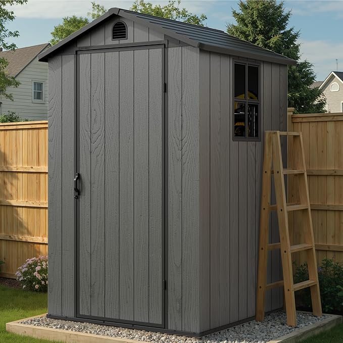 Greesum 4×4FT Plastic Outdoor Storage Shed with Floor, Resin Storaged Sheds with Lockable Door, Window & Vent, All-Weather Tool Sheds for Garden, Backyard, Patio, Dark Gray (One-Piece Panel)