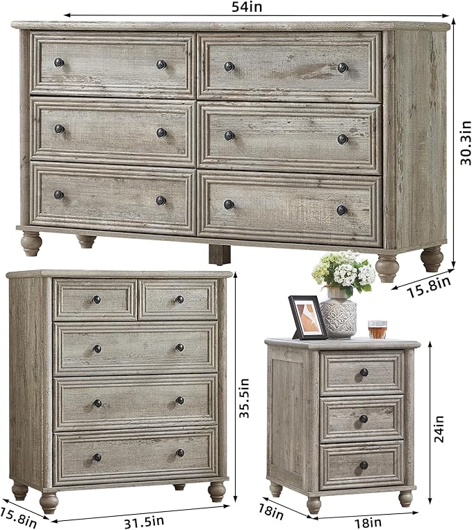 Farmhouse Dressers & Night Stand Set of 3, Wood 54" Wide Dresser & 35.5"Tall Chest of Drawers, 18" Roman Column Nightstand, Bedroom Furniture 6 Drawer Dresser Set for Bedroom Home Living Room Hallway