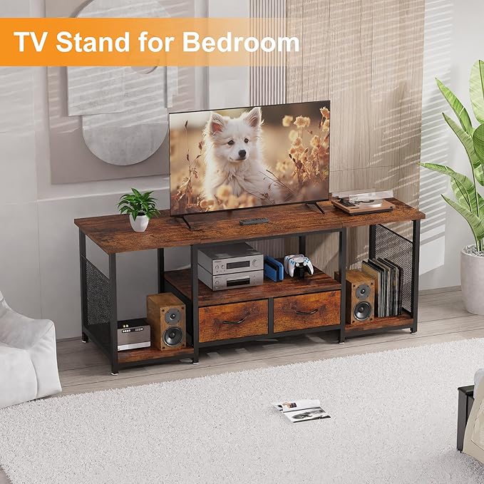 TV Stand with Drawers and Open Storage Shelves for 75 70 65 Inch TV, Entertainment Center with Open Storage Shelves, Industrial Media TV Console Table for Living Room Bedroom Office, Rustic Brown