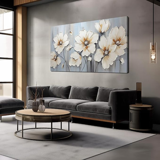 Large Canvas Wall Art Modern Wall Decor White Flower Theme Picture Wall Art with Frame Canvas Decorative Artwork Living Room Bedroom Home Office Hangable Decorative Painting Size 24x48 B